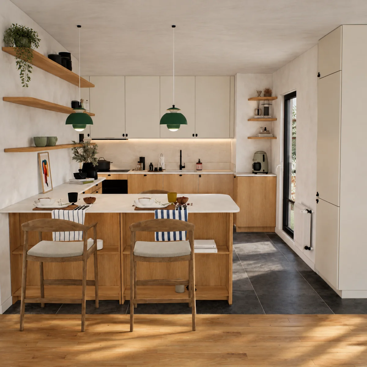 Kitchen with green pendant lights