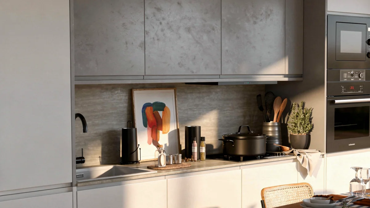 Sunlight across kitchen cabinets and worktop