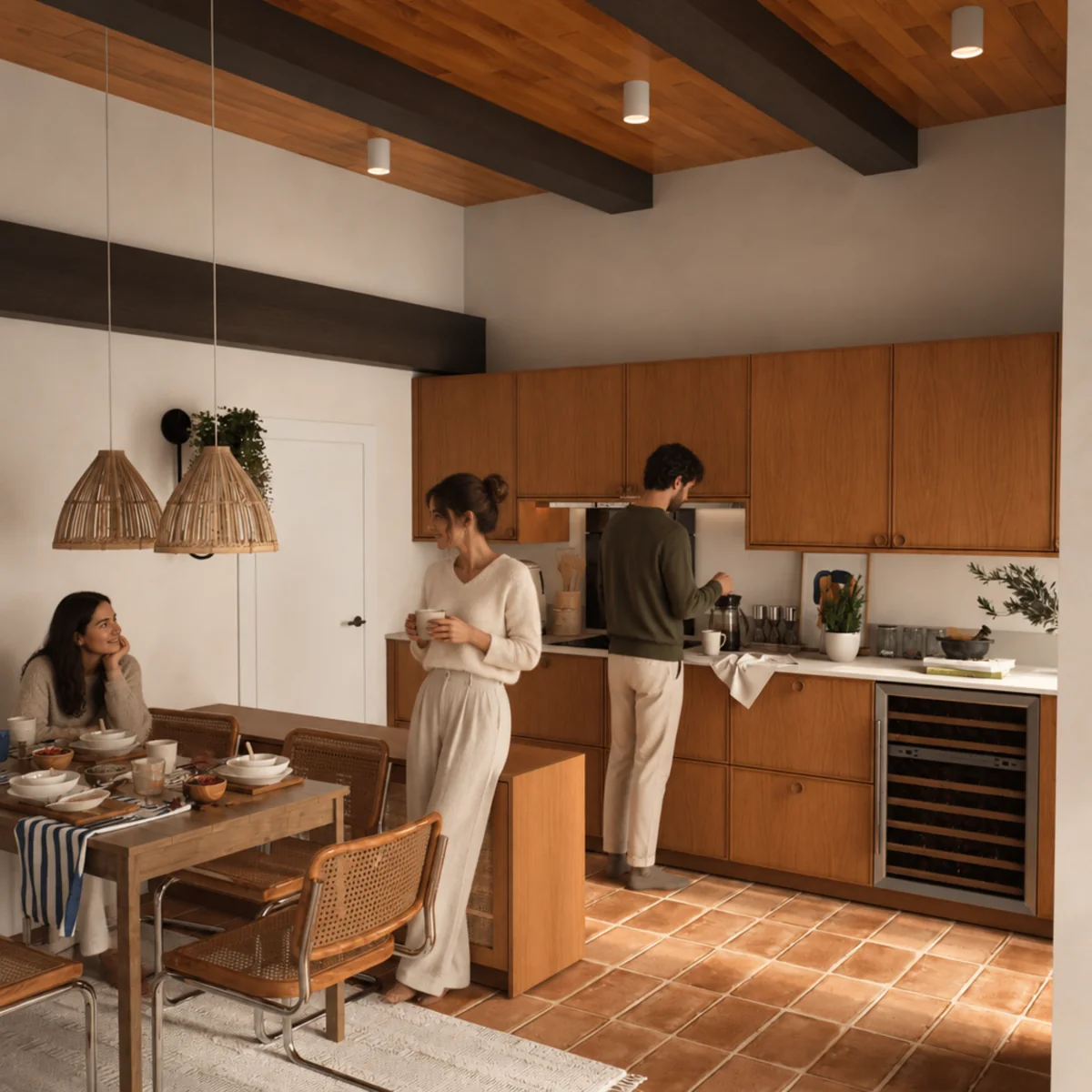 People in a warm timber and terracotta kitchen